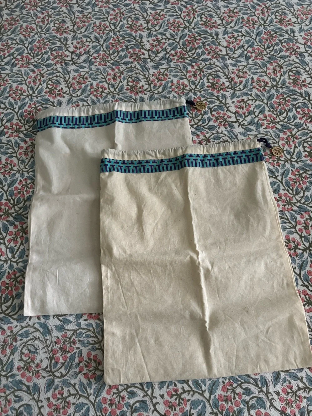 Tory Burch Cream Drawstring Dust Bags with Blue Trim (Pair)